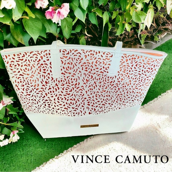 Vince Camuto Handbags - Vince Camuto White Vegan Leather Tote with laser cuts